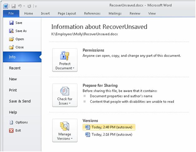 recover word document saved over 2010